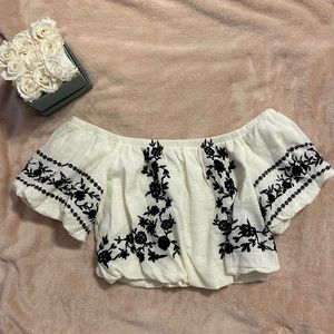 American Eagle Cropped Off-the-Shoulder Embroidered White Top